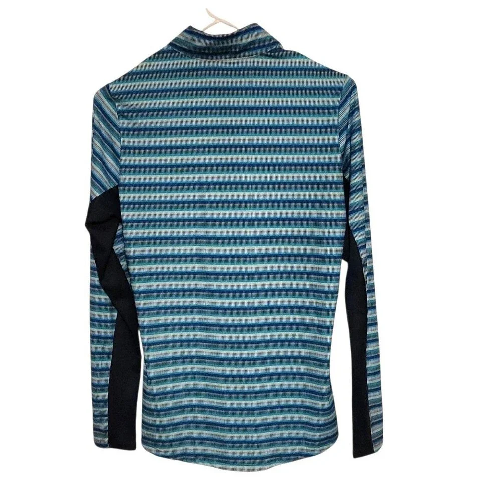 Adidas Athletic Top 1/4 Zip Long Sleeve Mock Neck Blue Teal Stripe Womens Size S
